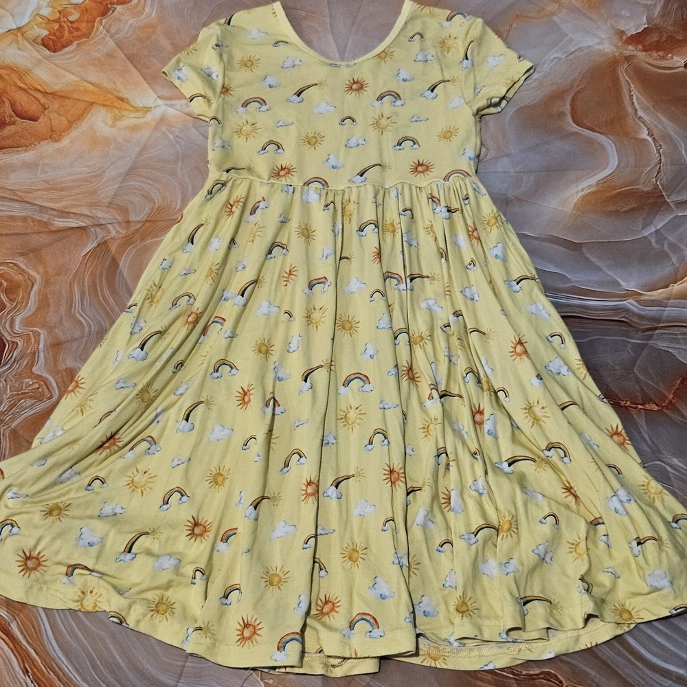 Little Crowns & Capes Yellow Rainbow Bamboo Twirl Dress Girls 9/10 Pockets